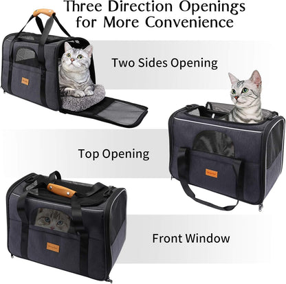 Portable Cat Carrier Bag - Airline Approved Soft-Sided Pet Transport for Cats and Small Dogs with Shoulder Strap, Removable Mat, and Pet Bowl