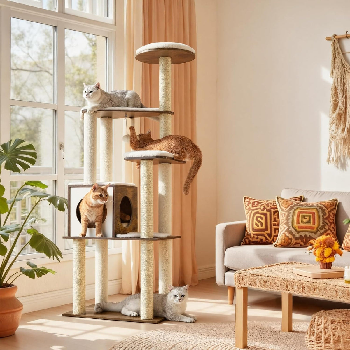 Multi-Level Cat Tree Tower, 64.6 Inches with Five Scratching Posts