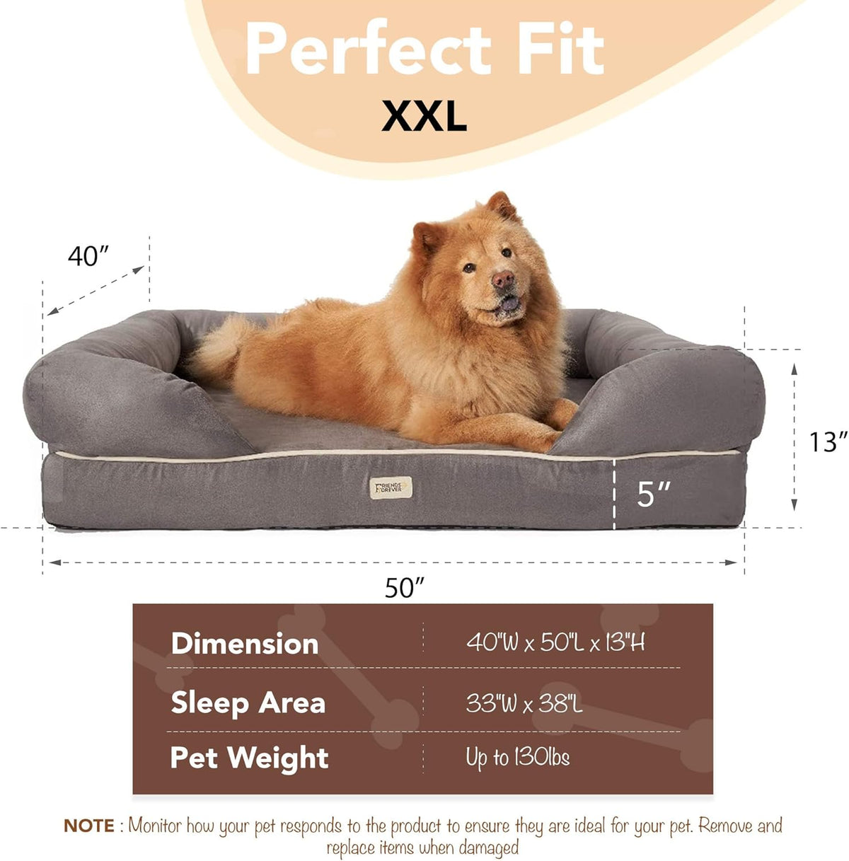 Orthopedic Memory Foam Dog Bed with Water-Resistant Cover and Non-Slip Base, 50" x 40" x 13", Chester Grey