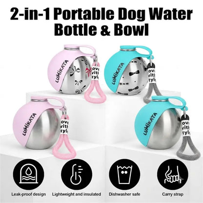 Lumikata 2-in-1 Portable Dog Water Bottle - 10oz Stainless Steel with Silicone Foldable Bowl, Leak-Proof Design for Small Dogs, Ideal for Walking and Feeding