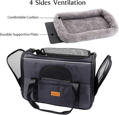 Portable Cat Carrier Bag - Airline Approved Soft-Sided Pet Transport for Cats and Small Dogs with Shoulder Strap, Removable Mat, and Pet Bowl