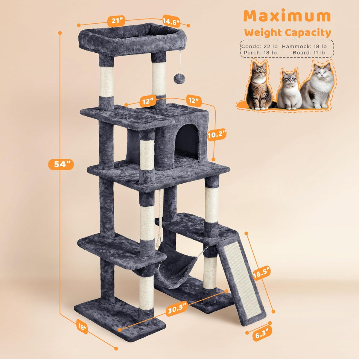 54-Inch Multi-Level Cat Tree Tower with Condo and Hammock for Large Cats