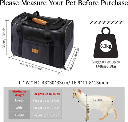 Portable Cat Carrier Bag - Airline Approved Soft-Sided Pet Transport for Cats and Small Dogs with Shoulder Strap, Removable Mat, and Pet Bowl