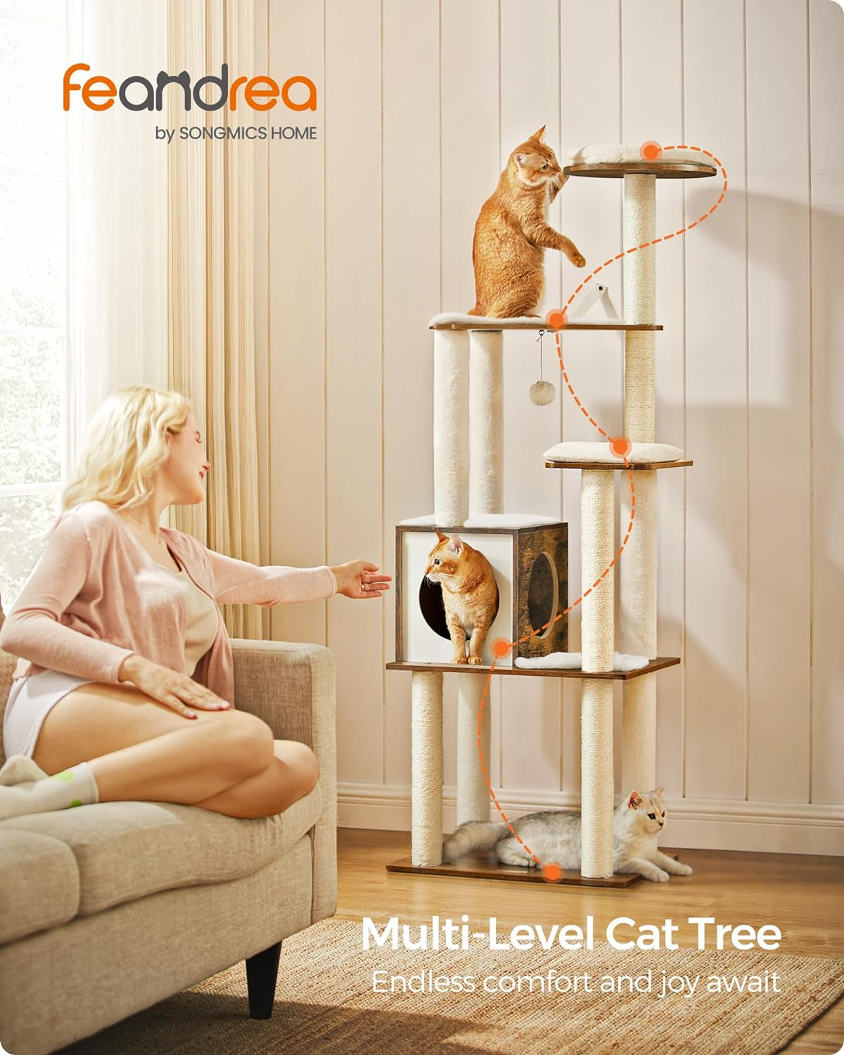 Multi-Level Cat Tree Tower, 64.6 Inches with Five Scratching Posts
