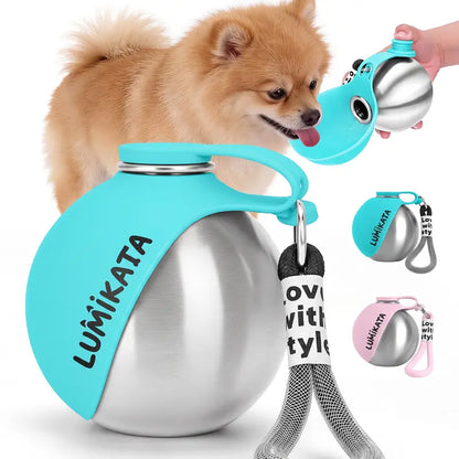 Lumikata 2-in-1 Portable Dog Water Bottle - 10oz Stainless Steel with Silicone Foldable Bowl, Leak-Proof Design for Small Dogs, Ideal for Walking and Feeding