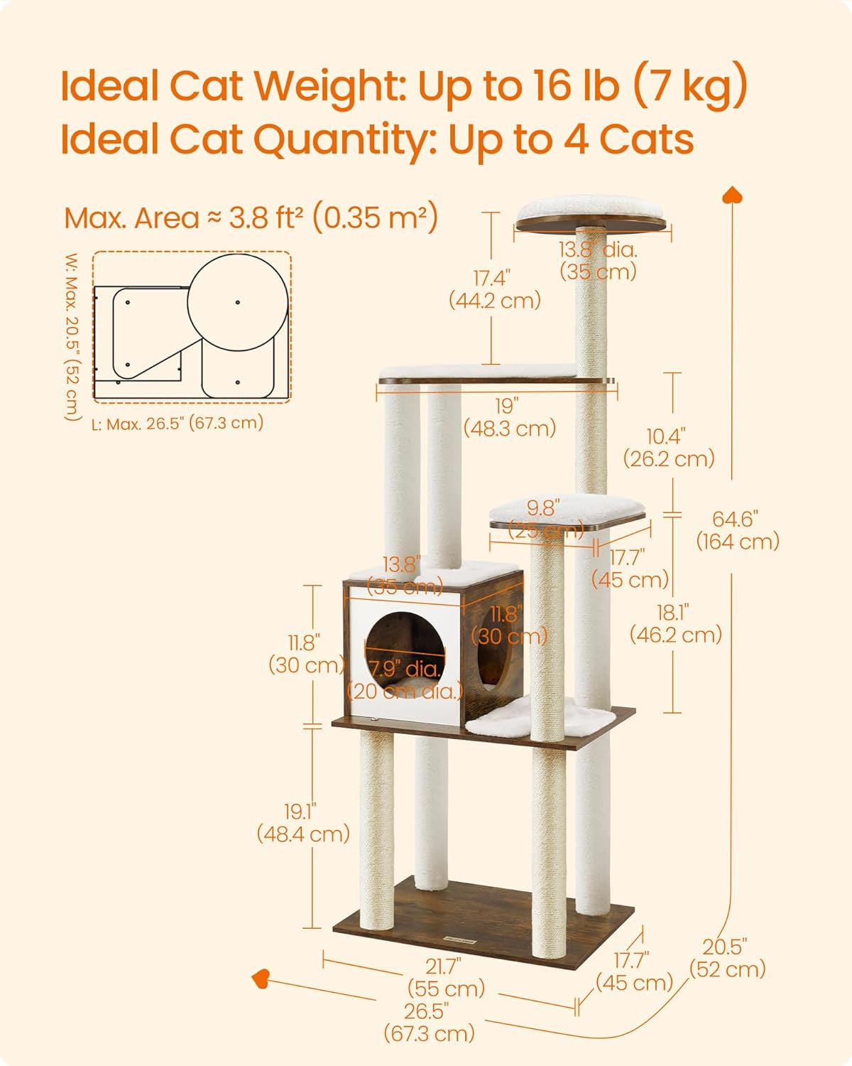 Multi-Level Cat Tree Tower, 64.6 Inches with Five Scratching Posts