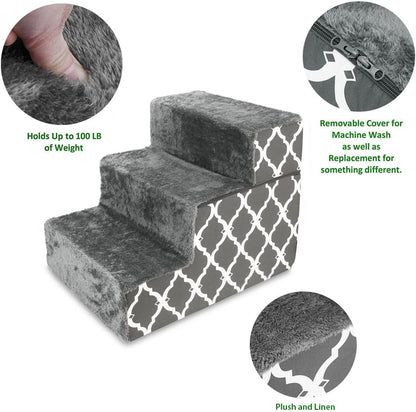 Foam Pet Stairs and Steps for Small Dogs and Cats - Non-Slip Indoor Support, Foldable 3-Step Design, No Assembly Required