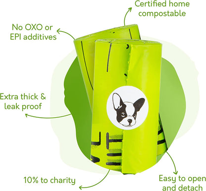 Home Compostable Dog Waste Bags - 100% Certified, 10% Donated to Charity, ASTM D6400 & EN 13432 Compliant - 240 Plant-Based Bags (16 Rolls)