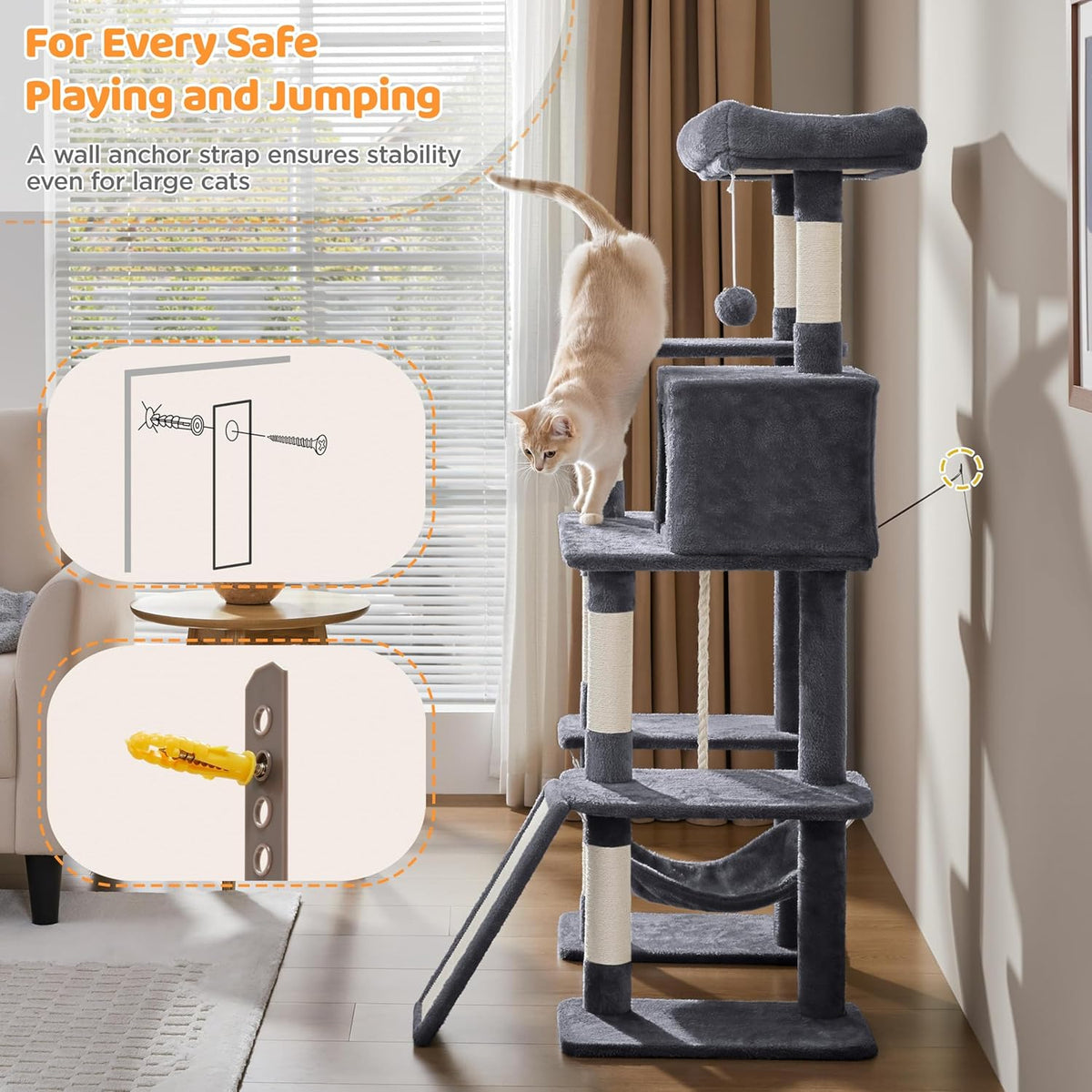 54-Inch Multi-Level Cat Tree Tower with Condo and Hammock for Large Cats