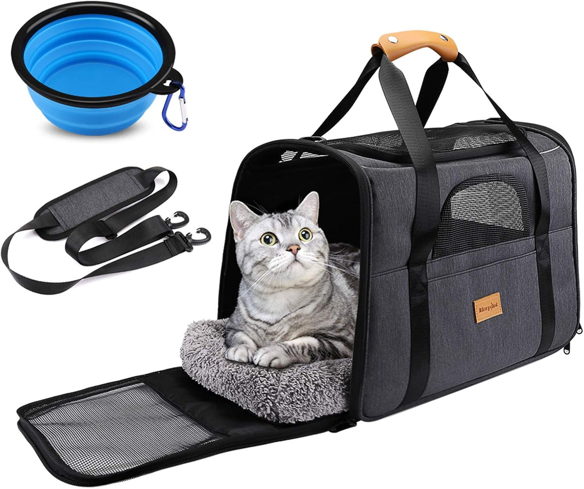Portable Cat Carrier Bag - Airline Approved Soft-Sided Pet Transport for Cats and Small Dogs with Shoulder Strap, Removable Mat, and Pet Bowl