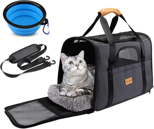Portable Cat Carrier Bag - Airline Approved Soft-Sided Pet Transport for Cats and Small Dogs with Shoulder Strap, Removable Mat, and Pet Bowl