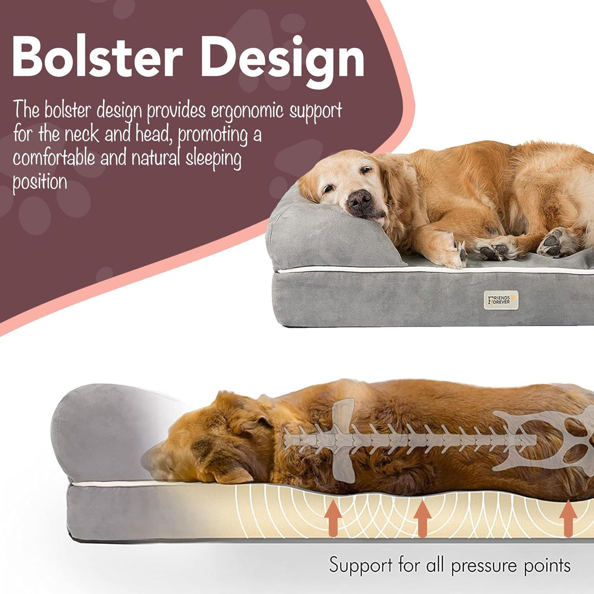 Orthopedic Memory Foam Dog Bed with Water-Resistant Cover and Non-Slip Base, 50" x 40" x 13", Chester Grey