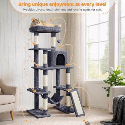 54-Inch Multi-Level Cat Tree Tower with Condo and Hammock for Large Cats