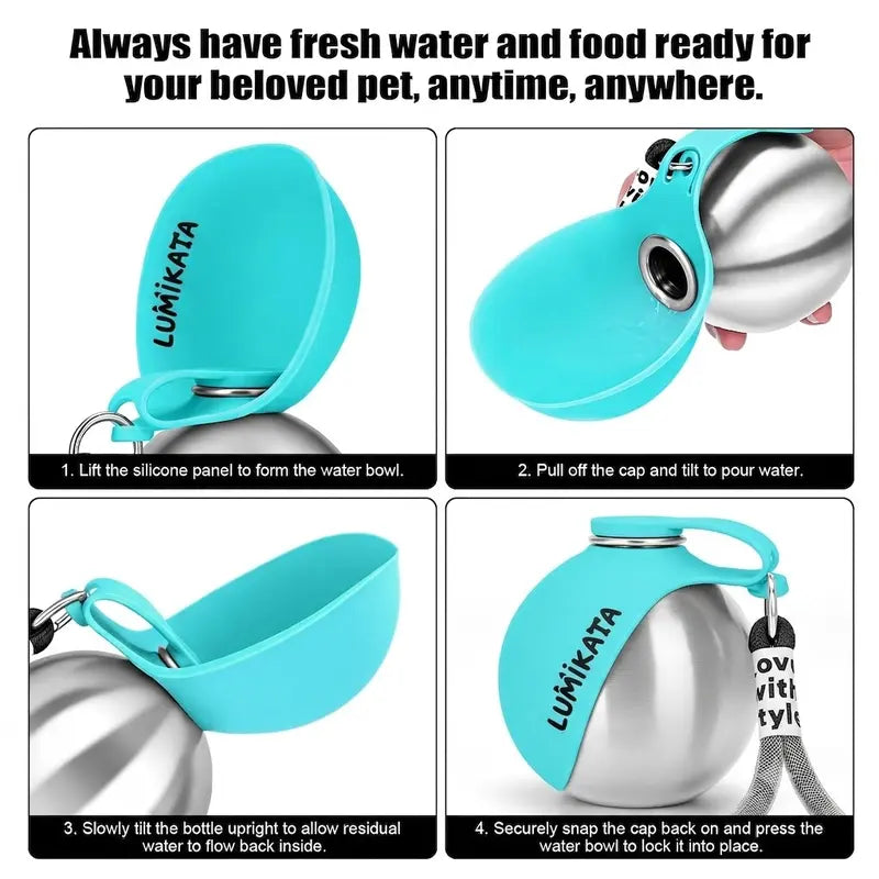 Lumikata 2-in-1 Portable Dog Water Bottle - 10oz Stainless Steel with Silicone Foldable Bowl, Leak-Proof Design for Small Dogs, Ideal for Walking and Feeding