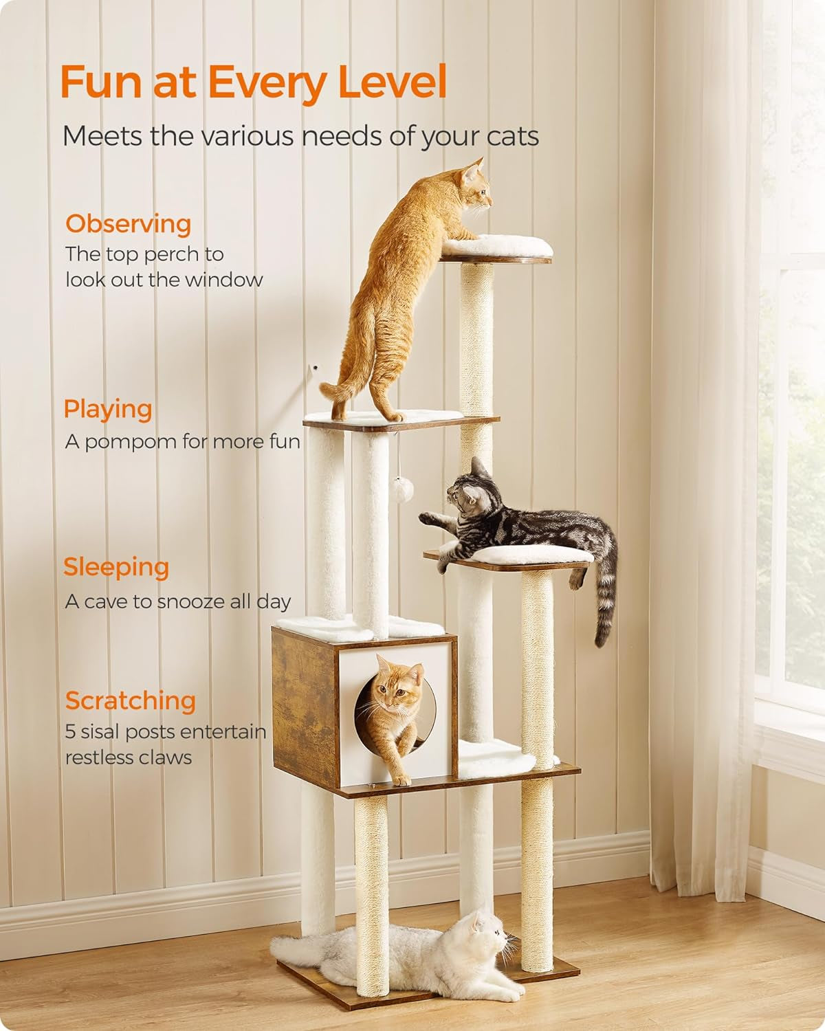 Multi-Level Cat Tree Tower, 64.6 Inches with Five Scratching Posts