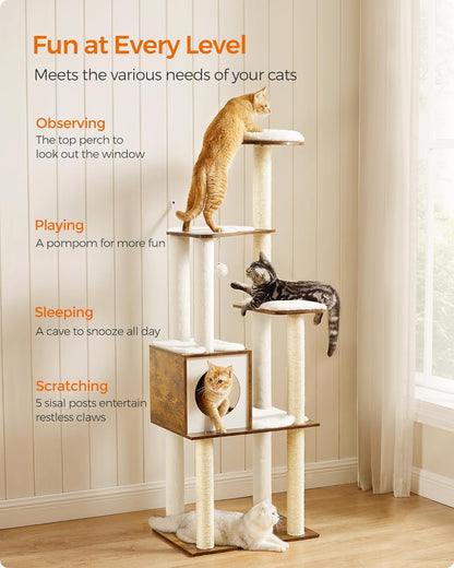 Multi-Level Cat Tree Tower, 64.6 Inches with Five Scratching Posts