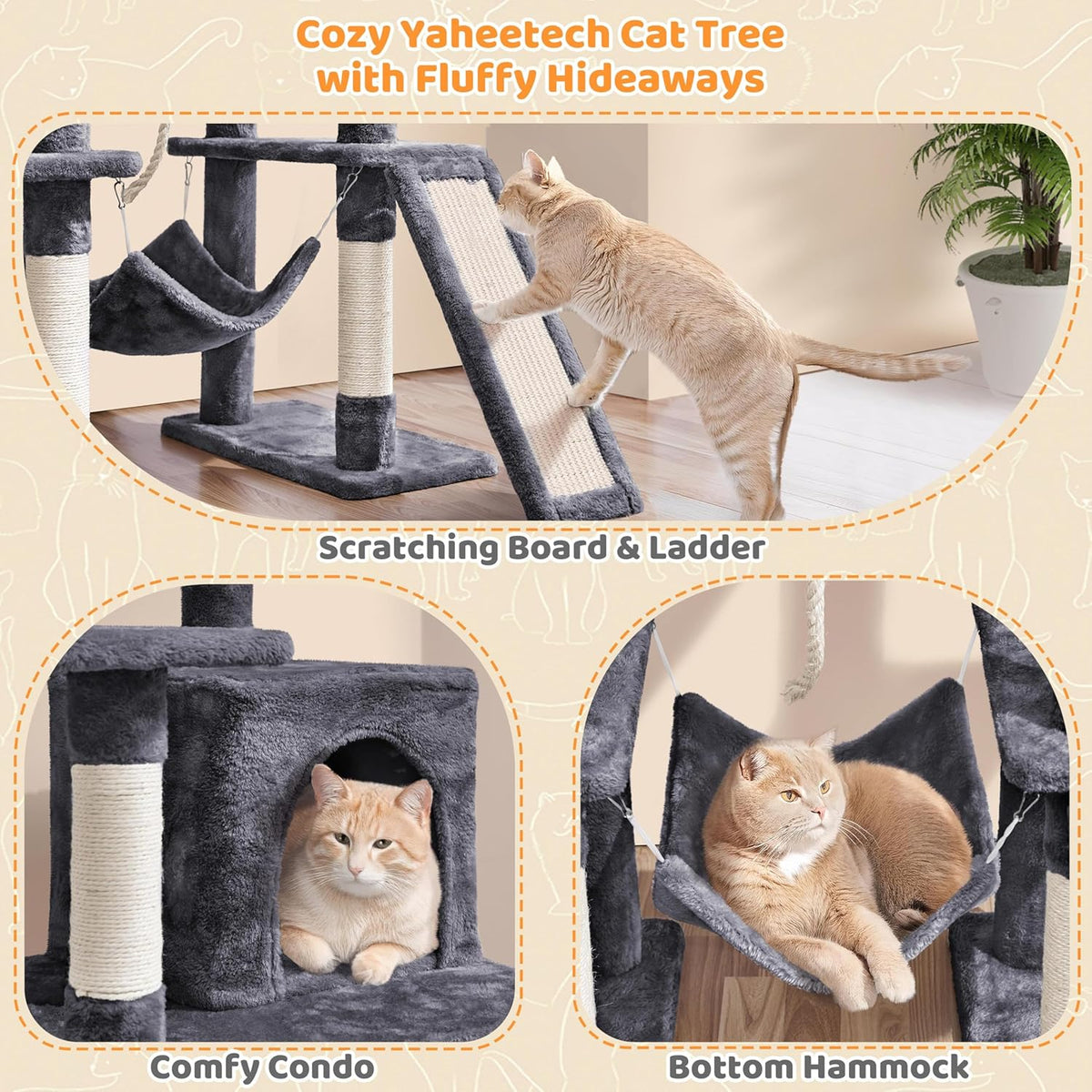 54-Inch Multi-Level Cat Tree Tower with Condo and Hammock for Large Cats